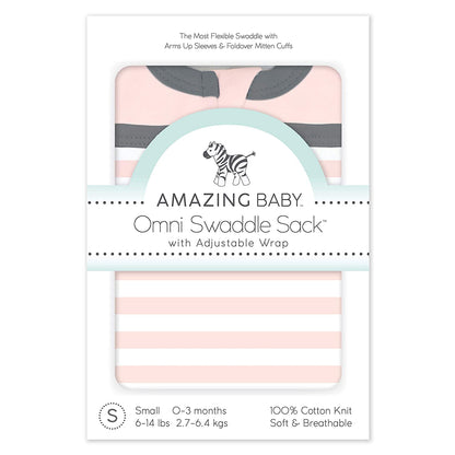 Amazing Baby Omni - Saco envolvente de 6 vías con mangas envolventes y puños de manopla, fácil transición de envoltura, mejor sueño para niñas recién nacidas, rayas rosas, S de 0 a 3 meses