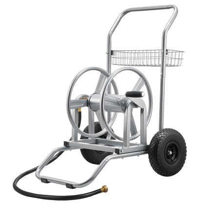 VEVOR Carro Portamangueras de Jardín de Alta Presión de 60/90 Metros, con Dos Ruedas, Asa y Cesta de Almacenamiento de Malla Resistente, para Jardín, Automóvil y Mascotas, 675 x 610 x 900 mm, Plata