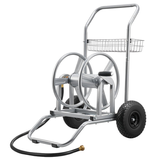 VEVOR Carro Portamangueras de Jardín de Alta Presión de 60/90 Metros, con Dos Ruedas, Asa y Cesta de Almacenamiento de Malla Resistente, para Jardín, Automóvil y Mascotas, 675 x 610 x 900 mm, Plata