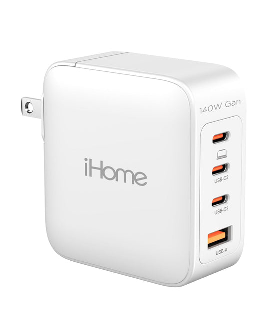 Cargador iHome 140W GAN: Cargador Universal para Laptop de Cuatro Puertos con (3) Puertos USB-C Power Delivery y (1) Puerto USB-A, Cargador de Pared Compacto y Portátil