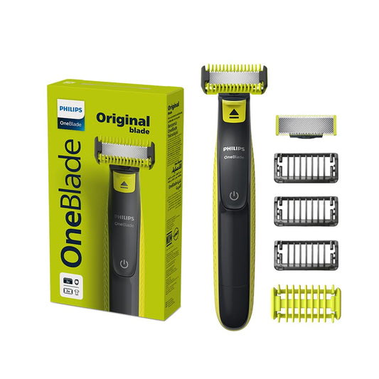 Philips OneBlade Afeitadora y Recortadora Eléctrica Face & Body para Hombre | Recorta, perfila y afeita | Corta el vello, no tu piel | Uso seco y húmedo | 5 accesorios y cuchilla adicional | QP2824/10