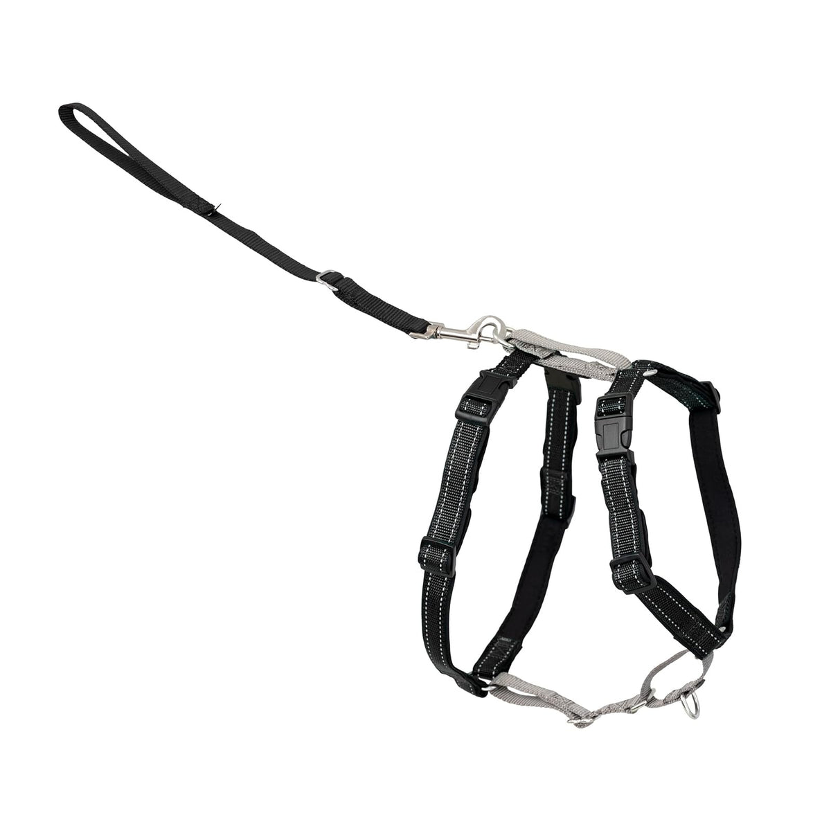 PetSafe Arnés para perro 3 en 1, solución sin tirones, arnés reflectante, clip frontal de anillo en D, correas acolchadas, mango superior, color negro, grande