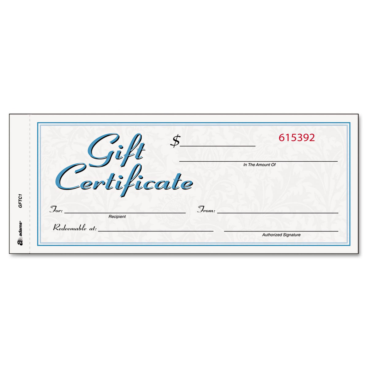 Adams Libro de certificado de regalo, sin carbono, papel individual, 8,3 x 20,3 cm, blanco/canario, 2 piezas, 25 certificados numerados más letrero de tienda (GFTC1)