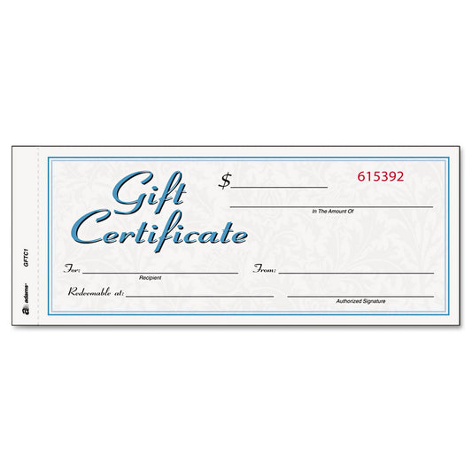 Adams Libro de certificado de regalo, sin carbono, papel individual, 8,3 x 20,3 cm, blanco/canario, 2 piezas, 25 certificados numerados más letrero de tienda (GFTC1)