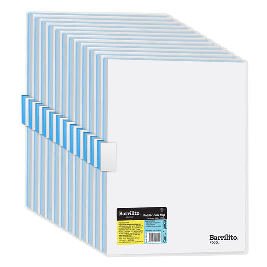 Barrilito Fólder Plástico Carta con Clip. Azul y Blanco. 24 pzas. F02Q
