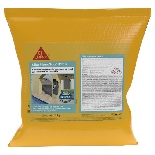 SIKA - Sika MonoTop-412 S - Mortero de Reparación Estructural - Con Inhibidor de Corrosión - Reforzado con Fibras - Listo para su uso en Aplicaciones de Altos - Saco de 5kg - Gris
