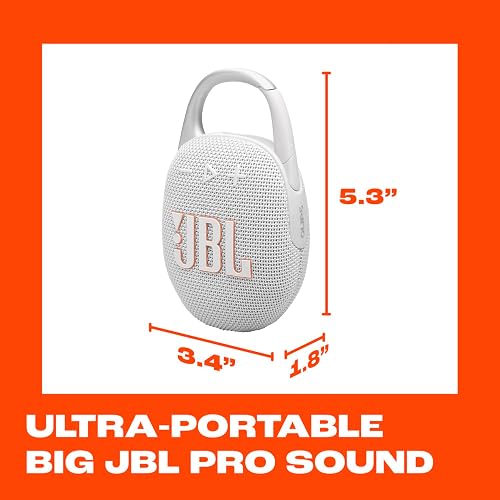JBL Clip 5 Bocina Portátil Bluetooth, 7W de Potencia, Reproducción 12 Horas, Resistente al Agua y al Polvo IP67 - Blanco