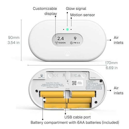 Airthings 2960 View Plus - Monitor de Calidad de Aire y radón Alimentado por batería (PM, CO2, VOC, Humedad, Temperatura, presión)