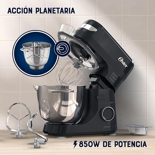 Oster Batidora Planetaria 850 W con 12 Velocidades y Tazón de 4 L | Mezclas homogéneas con cuchilla Quad de acero inoxidable, incluye 4 accesorios, negro, FPSTSMPL2B
