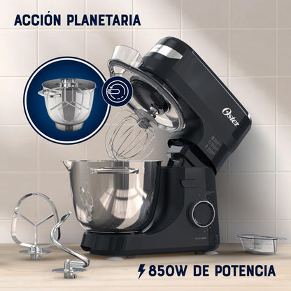 Oster Batidora Planetaria, 12 velocidades, Tazón de Acero Inoxidable, Capacidad de 4 lt, Incluye 4 Accesorios, 850 W, Negro, FPSTSMPL2B
