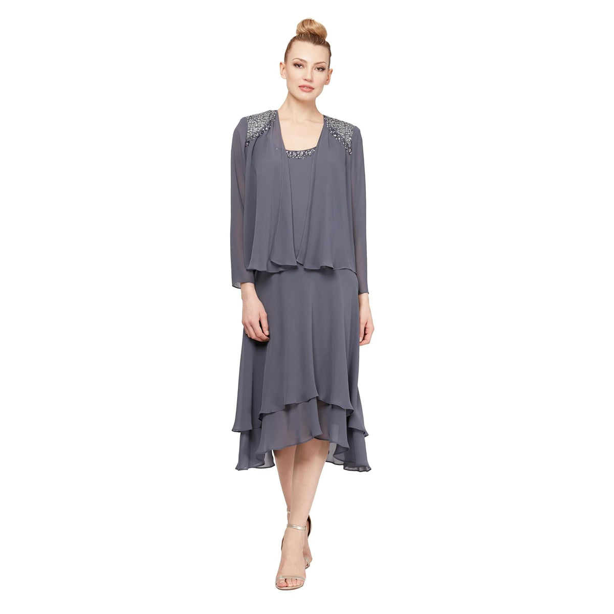 S.L. Fashions Vestido de Encaje con Lentejuelas Alto-Bajo - ACERO - 10