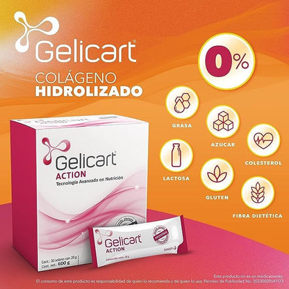 Gelicart Action colágeno hidrolizado suplemento alimenticio, 90 Sobres 20g.