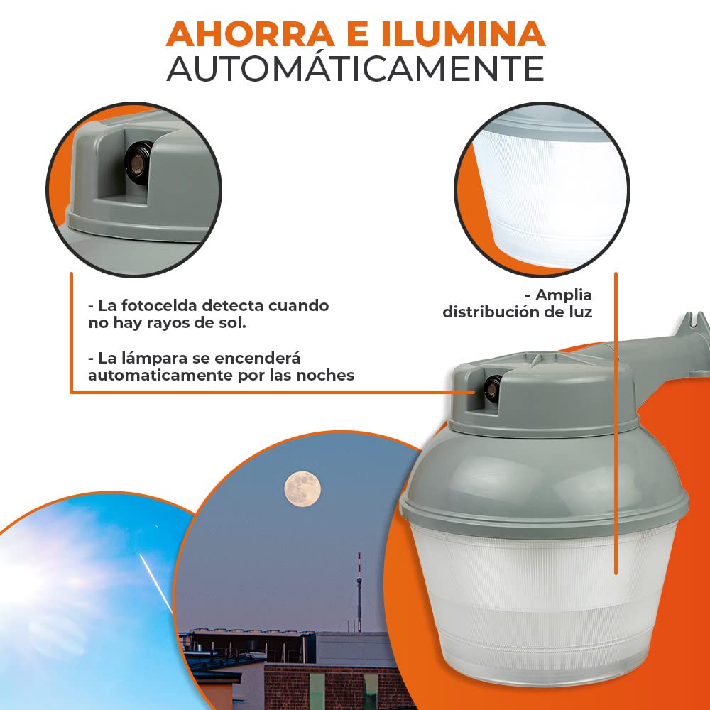 Tecnolite - Lámpara de Pared, Iluminación Exteriores Espejo III con Luz Led de Día, Arbotante con Fotocelda de 50 W, Resistente a la Intemperie, Base E27 Espacios Industriales, Ahorrador de Energía