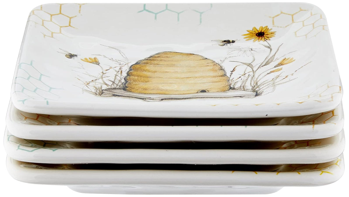 Bee Sweet - Platos de canapé y almuerzo de 6 pulgadas, juego de 4 diseños surtidos de abejas y florales con refranes edificantes, platos de aperitivo de cerámica duraderos para entretenimiento de