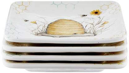Bee Sweet - Platos de canapé y almuerzo de 6 pulgadas, juego de 4 diseños surtidos de abejas y florales con refranes edificantes, platos de aperitivo de cerámica duraderos para entretenimiento de