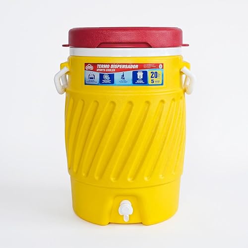 Guateplast Termo Dispensador de Bebidas 5 Galones | Amarillo, plástico con aislamiento térmico, grifo integrado, tapa ajustable, asas laterales