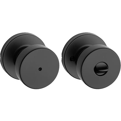 Kwikset Pismo - perilla de puerta con cierre de privacidad, mango interior con cerradura sin llave para puertas de recámara y baño, con rosa redonda, con protección Microban en negro mate
