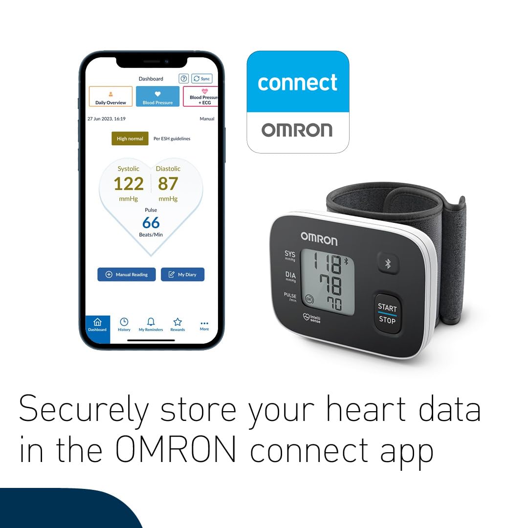 OMRON RS3 Baumanómetro de Muñeca, Bluetooth y App OMRON Connect | Validado clínicamente. Bluetooth y app OMRON connect. Muñeca 13.5-21.5 cm. Memoria 30 lecturas. Guía de ajuste de brazalete.