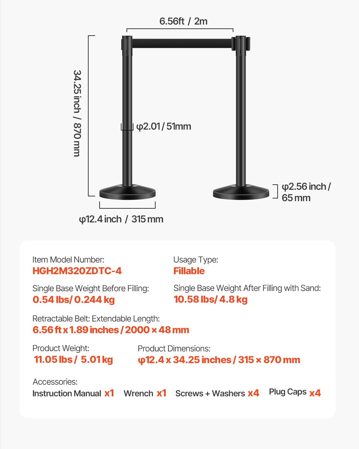 VEVOR 4 PCS Poste de Estaca de Acero al Carbono de 2 m con Base Hueca de Inyección de Arena y 4 Cinturones Retráctiles Negros, Barreras de Control de Multitudes para Teatro, Fiesta, Boda, Negro
