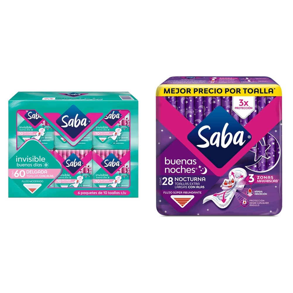 Saba Toalla Femenina con Alas, 60 piezas + Buenas Noches con Alas; Toallas Femeninas Nocturnas XL, Flujo Súper Abundante; 28 Toallas