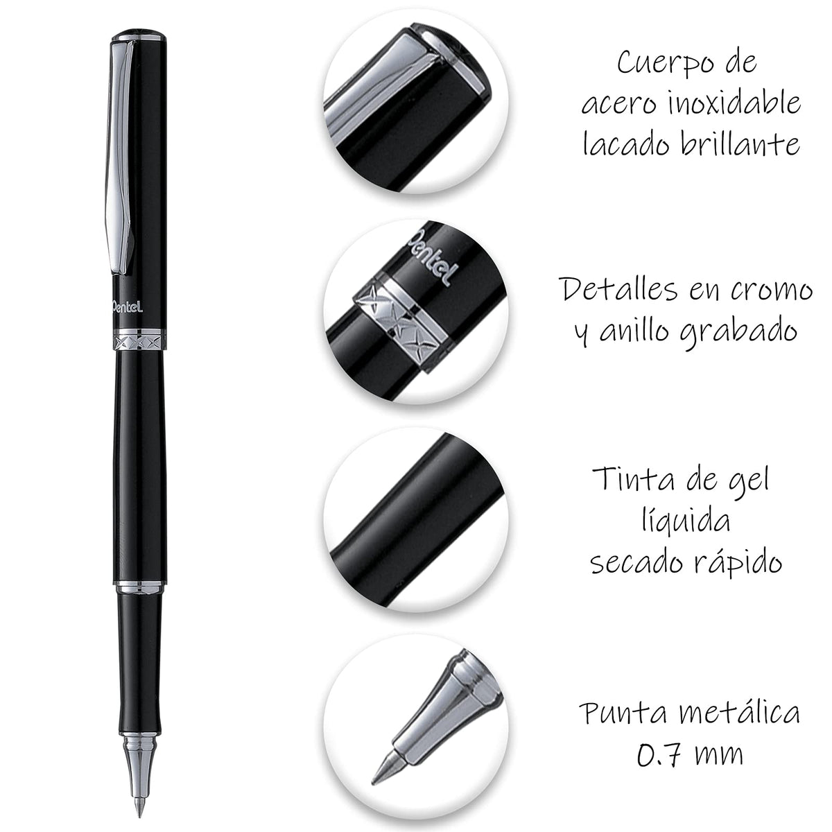 Pentel K600A-A-EST Bolígrafo Gel Sterling, Cuerpo Negro