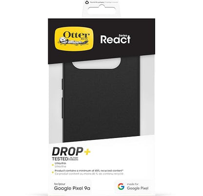 OtterBox Funda Protectora contra caídas para Google Pixel 9a, React Series Probado según el estándar Militar y Protector de Pantalla de Cristal confiable, Color Negro