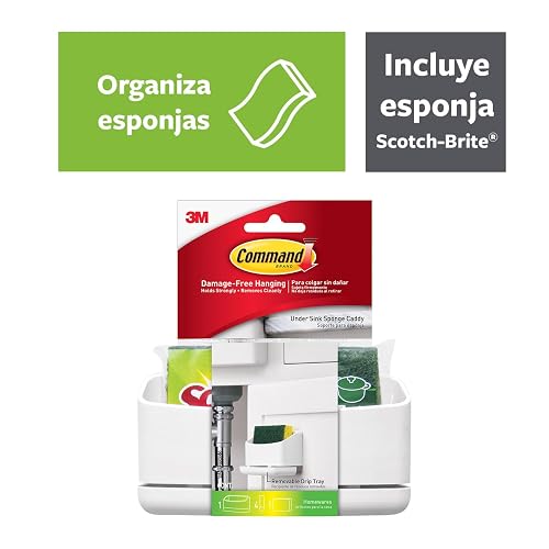 COMMAND 3M Sujeta Esponja de Cocina con Adhesivo Color Blanco 1 pieza | Organiza sin dañar superficies, No deja residuos, No requiere herramientas, Incluye esponja Scotch-Brite, Uso interior
