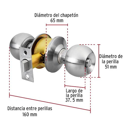 Hermex Basic BAL-CM-BP, Cerradura pomo, baño, cilíndrica, cromo mate