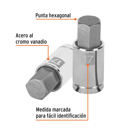 Truper D-1241-17M, Dados de punta hexagonal, cuadro 1/2" de 17mm.