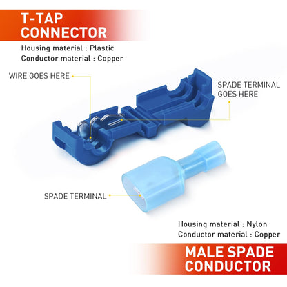 Nilight 120 pares/60 pares de terminales de cable de desconexión rápida de empalme, conectores de pala en T, color azul, 16-14 AWG macho hembra totalmente aislado, kit de crimpado autosuperable | Conectores de pala 16-14 AWG macho hembra totalmente aislad