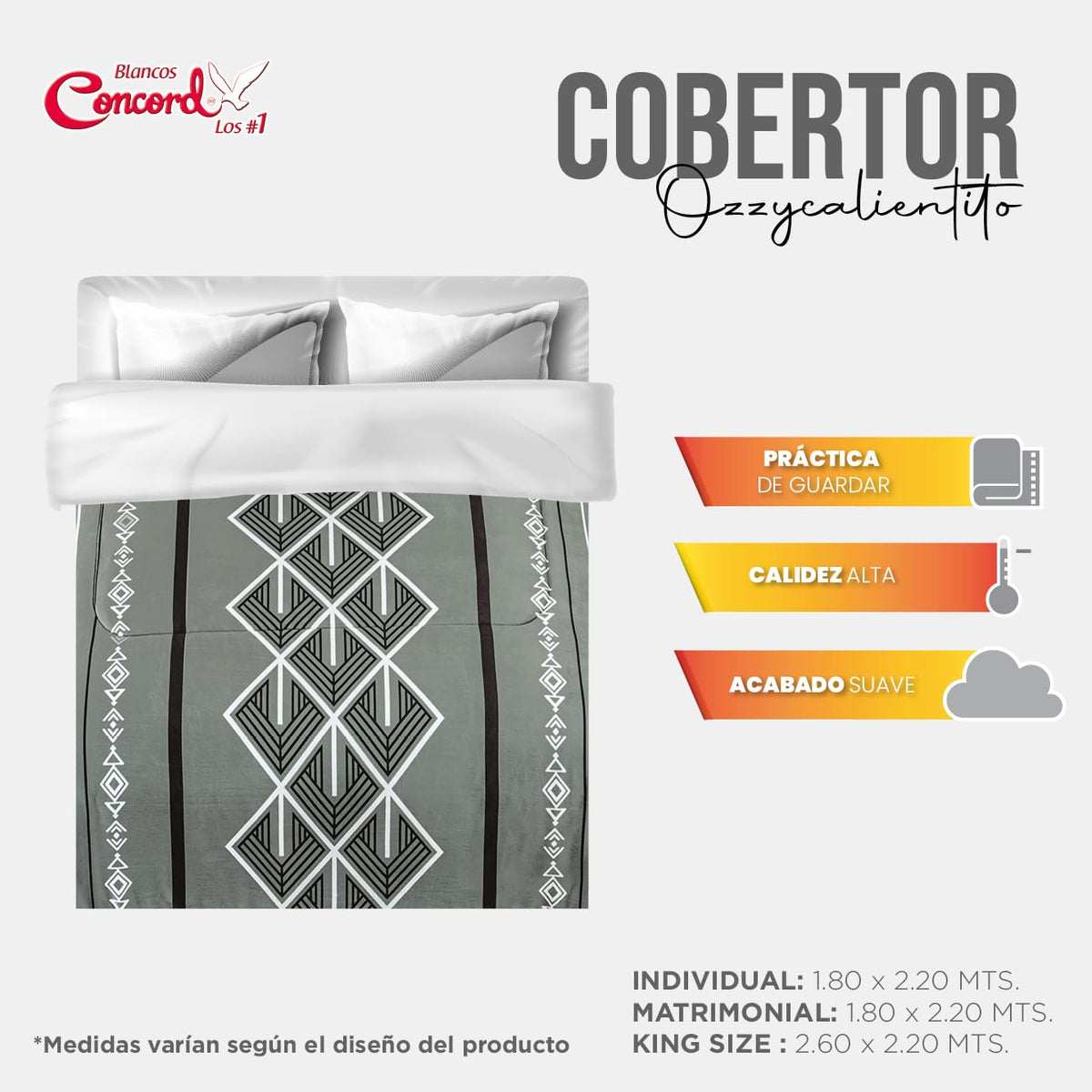 Colchas Concord Cobertor Pachi Flannel, Color Gris, 100% Poliéster, Tamaño King Size, Queen Size, Manta Cálida y Suave para Cama, Ideal para Invierno, 1 Pieza