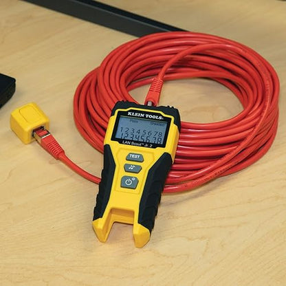 Klein Tools 80072 RJ45 Kit de probador de cables con LAN Scout Jr. 2, crimpadora coaxial, pelacables, herramienta de corte y enchufe de datos modular de paso