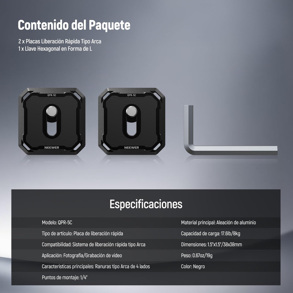 NEEWER 2 Pack Quick Release Plate Kit, 38mm QR Adaptador Montaje Cámara Compatible con Arca Swiss, Montaje Trípode con Correa Hombro, Interruptor Rápido, Anti Off con Washers, QPR-5C