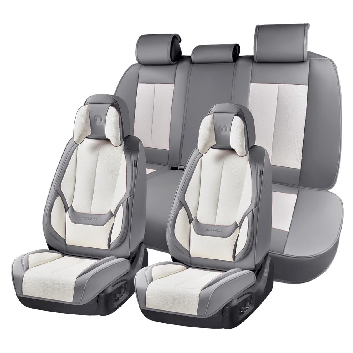 Coverado - Juego Completo de Fundas de Asiento de 5 Asientos para Coches, Fundas de Asiento de Coche Impermeables de Piel de napa con Almohada para la Cabeza, Protectores de Asiento de Coche, Ajuste - Gris y blanco (almohada) - FullSet