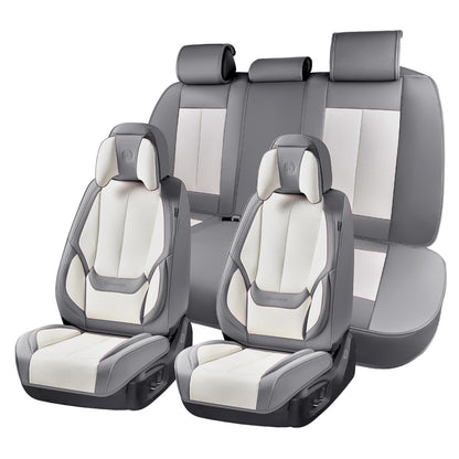 Coverado - Juego Completo de Fundas de Asiento de 5 Asientos para Coches, Fundas de Asiento de Coche Impermeables de Piel de napa con Almohada para la Cabeza, Protectores de Asiento de Coche, Ajuste - Gris y blanco (almohada) - FullSet