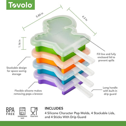 Tovolo - Moldes de silicona para paletas con varillas (4 unidades, dino) – Moldes reutilizables para hielo caseros y aperitivos congelados – Fabricante de paletas apilables con tapa, apto para