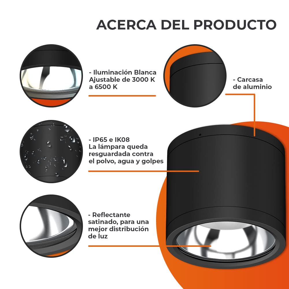 Tecnolite Lámpara Plafón LED de Sobreponer 25 W, Luz Blanca Configurable, IP65, IK08, Interior y Exterior, LED integrado