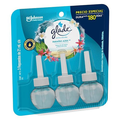 Glade Aromatizante para Hogar Eléctrico Paraíso Azul, 3 Repuestos 21 ml