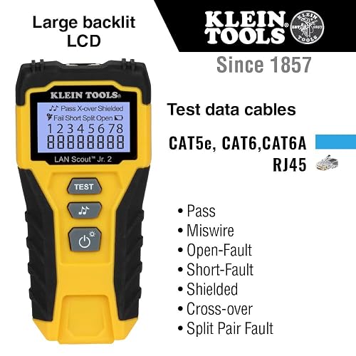 Klein Tools 80072 RJ45 Kit de probador de cables con LAN Scout Jr. 2, crimpadora coaxial, pelacables, herramienta de corte y enchufe de datos modular de paso