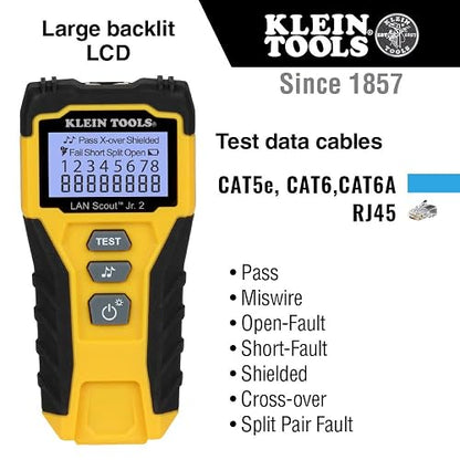 Klein Tools 80072 RJ45 Kit de probador de cables con LAN Scout Jr. 2, crimpadora coaxial, pelacables, herramienta de corte y enchufe de datos modular de paso