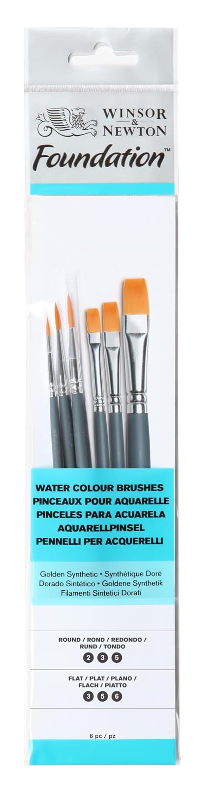 Winsor & Newton Foundation - Juego de Pinceles para Acuarela, SH, Redondo y | Dorado, sintético, uso con acuarela y gouache, selección introductoria de pinceles para estudiantes, aficionados