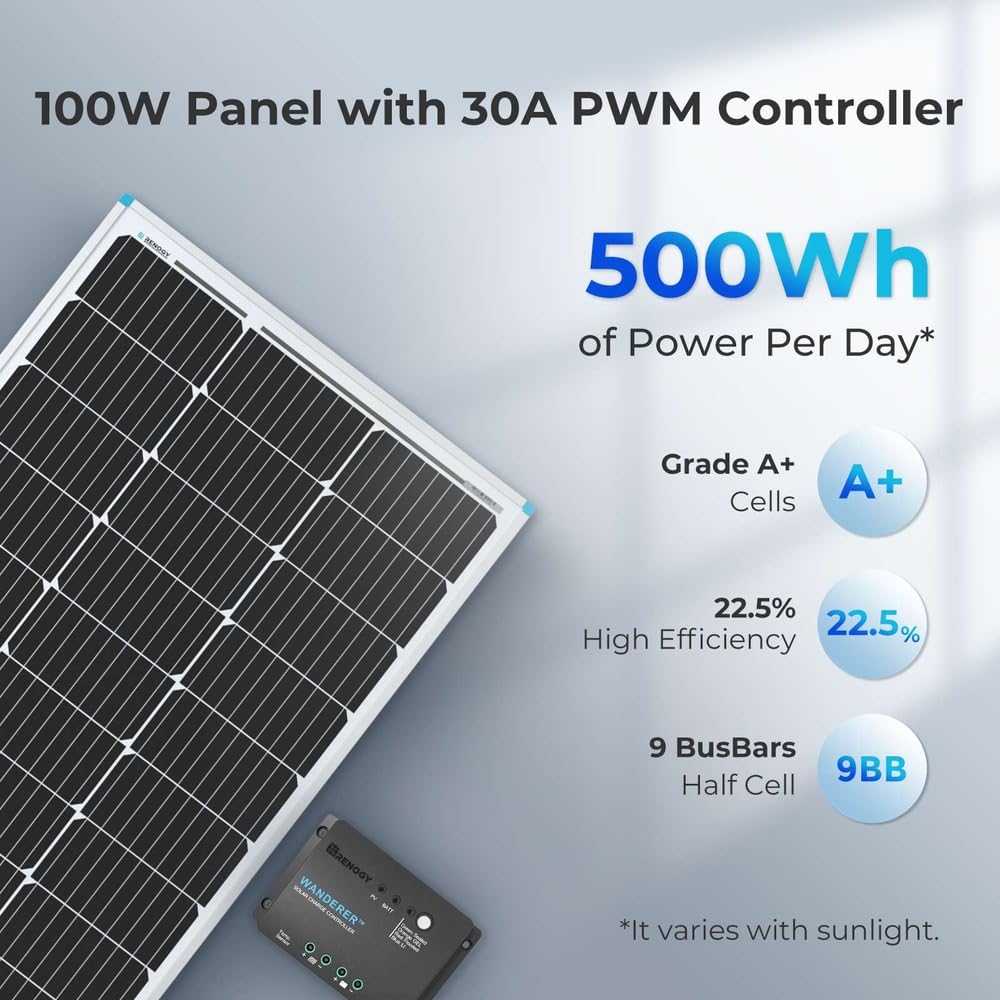 Renogy - Kit de inicio de panel solar de 100 W y 12 V, panel solar monocristalino de 100 W, driver de cargador PWM LCD de 30 A, kit adaptador, cables de bandeja, soportes Z para RV, campista y otras