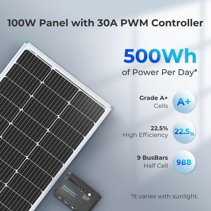 Renogy - Kit de inicio de panel solar de 100 W y 12 V, panel solar monocristalino de 100 W, driver de cargador PWM LCD de 30 A, kit adaptador, cables de bandeja, soportes Z para RV, campista y otras
