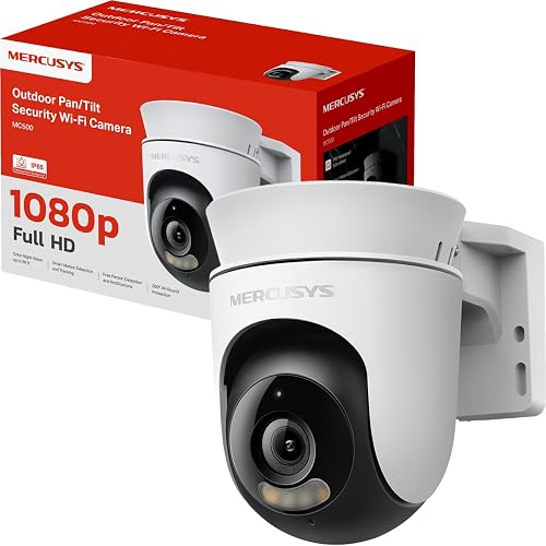 MERCUSYS MC500 Cámara de Seguridad WiFi Exterior - Resolución FHD - Cobertura 360° - Visión Nocturna a Color - Detección de Movimiento - Alarma de Luz y Sonido - 512GB - App Protección IP65