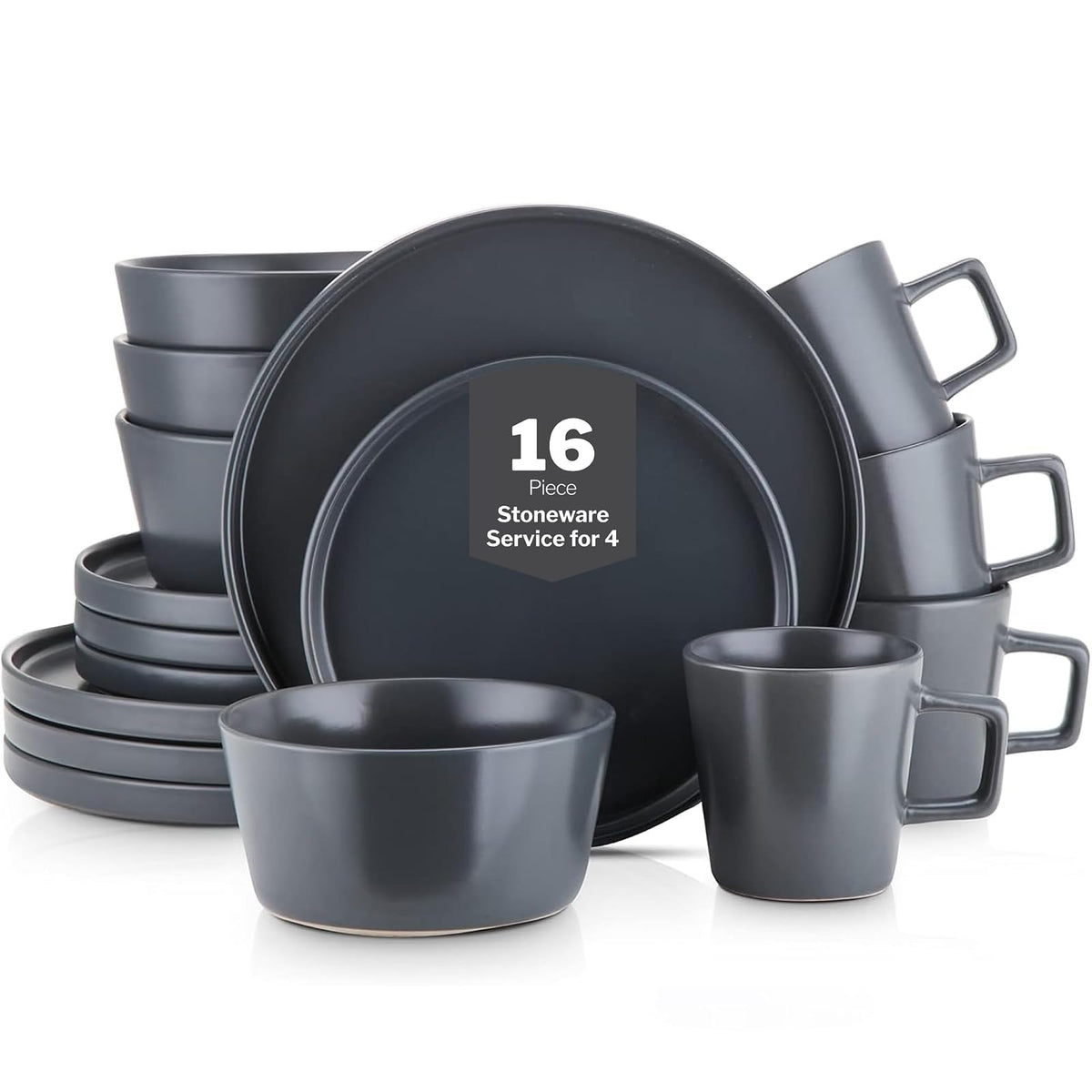 Stone Lain Coupe Vajilla de Gres para 4 Personas, 16 Piezas - Service For 4 - Gris mate.