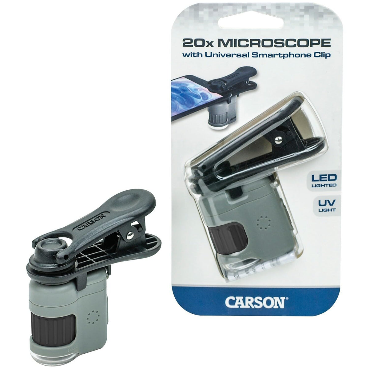 Carson Micromini Microscopio de Bolsillo 20X con Luz LED, Más una Linterna LED/UV Incorporada, y Clip Adaptador Universal de Teléfonos Inteligentes (MM-380)
