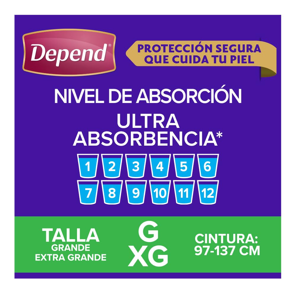 Depend Pañal Nocturno para Incontinencia, Talla Grande, Unisex, Caja con 6 Paquetes de 10 Piezas (60 pañales), ideal para descargas abundantes