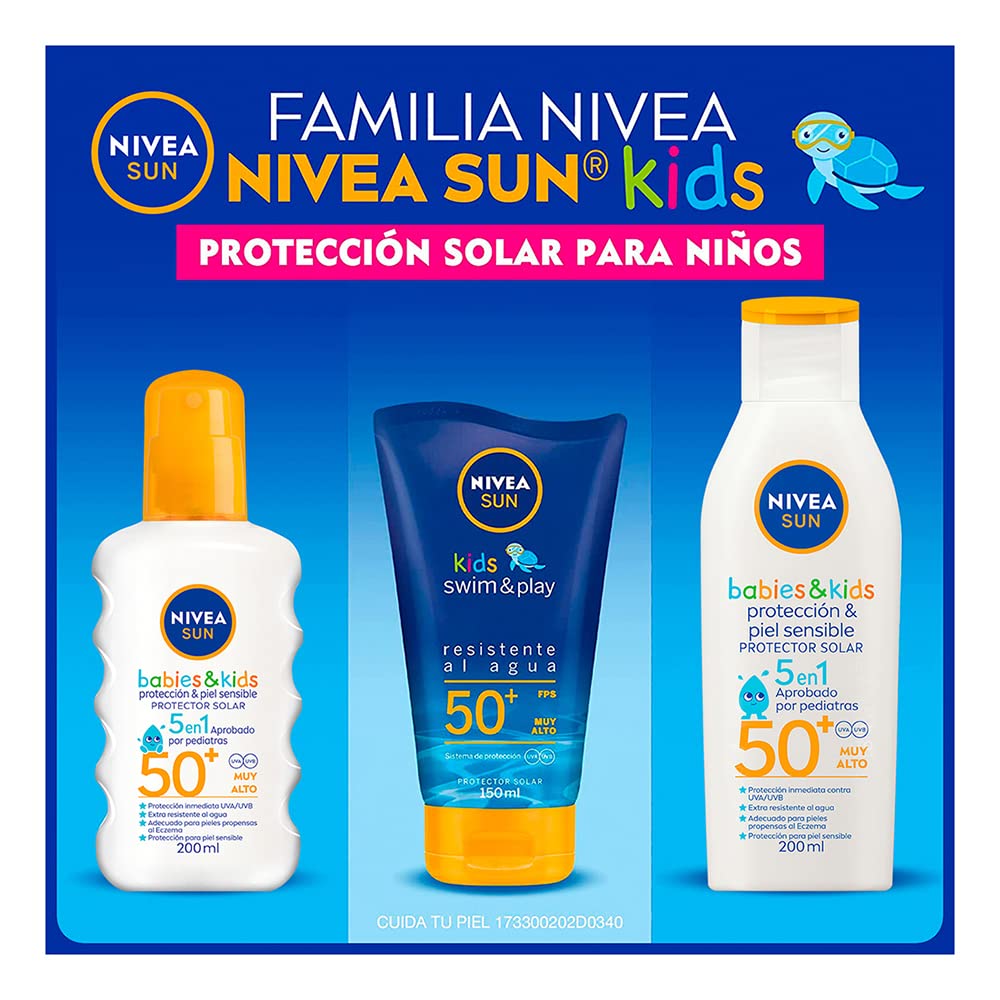 NIVEA SUN KIDS Protector Solar Corporal Protect & Sensitive (200 ml), Loción Solar en Spray No Grasosa ni Pegajosa Ideal para la Piel Sensible de los Niños Fps 50+ Resistente al Agua