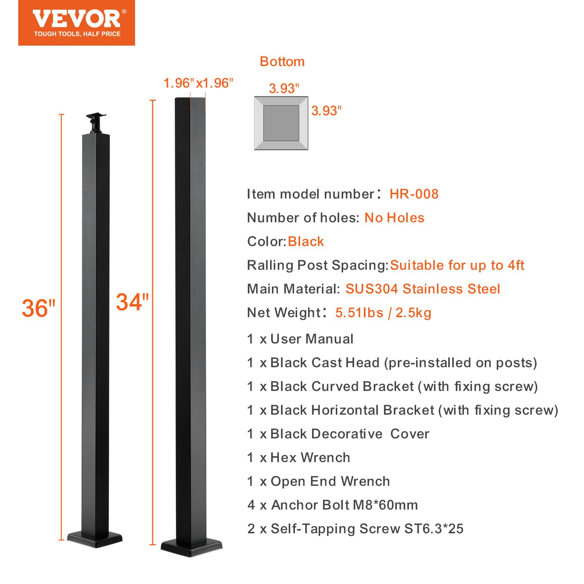 VEVOR - Poste de de cable, poste de de acero de 36 x 2 x 2 pulgadas sin agujeros, poste de riel de acero inoxidable SUS304, poste de de escalera con soporte horizontal