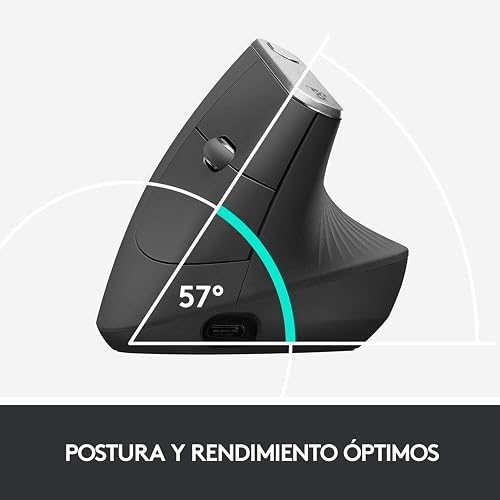 Logitech MX Vertical Mouse Inalámbrico Ergonómico, Multi-Computadora, 2,4 GHz/Bluetooth con Receptor Unifying USB, Seguimiento Óptico 4000 dpi, 4 Botones, Carga Rápida, Portátil/PC/Mac/iPad OS - Negro.